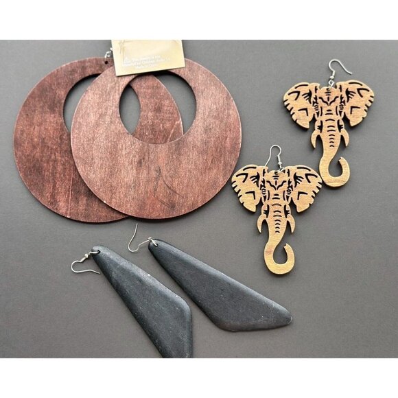 Pierced Earrings Lot of 3 Natural Wood - Picture 1 of 7